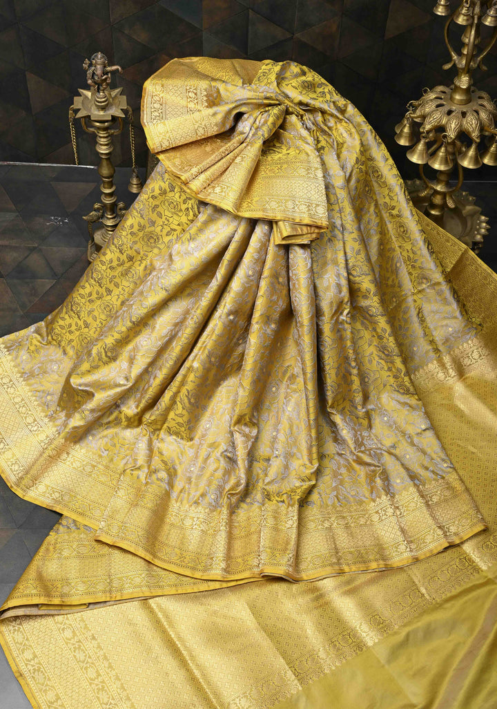Mustard Yellow Tanchoi Banarasi Satin Silk Saree with Floral Brocade | SILK MARK CERTIFIED