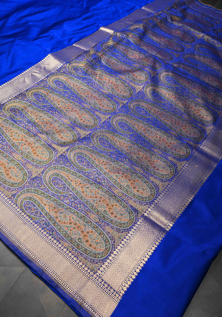 Royal blue Banarasi Satin Silk Saree with Paisley Tanchoi On Pallu | SILK MARK CERTIFIED