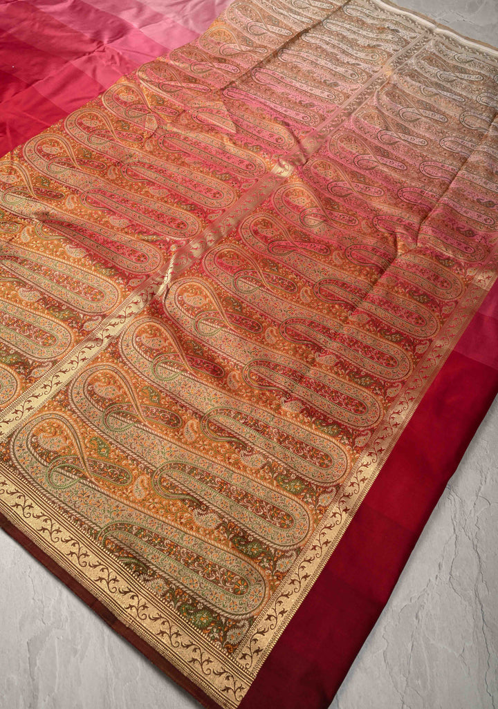 14 color Dusty Pink to Deep Wine Ombre Gradient Mashru Silk Saree with Tanchoi Pallu and Blouse | SILK MARK CERTIFIED