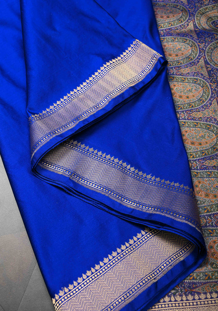 Royal blue Banarasi Satin Silk Saree with Paisley Tanchoi On Pallu | SILK MARK CERTIFIED
