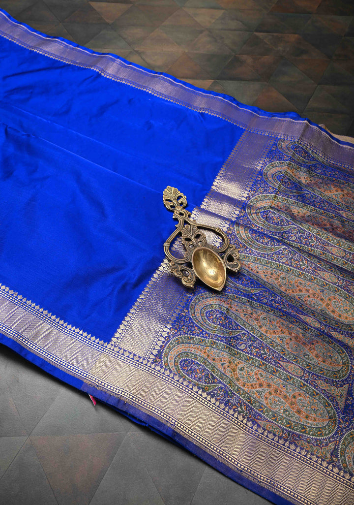 Royal blue Banarasi Satin Silk Saree with Paisley Tanchoi On Pallu | SILK MARK CERTIFIED