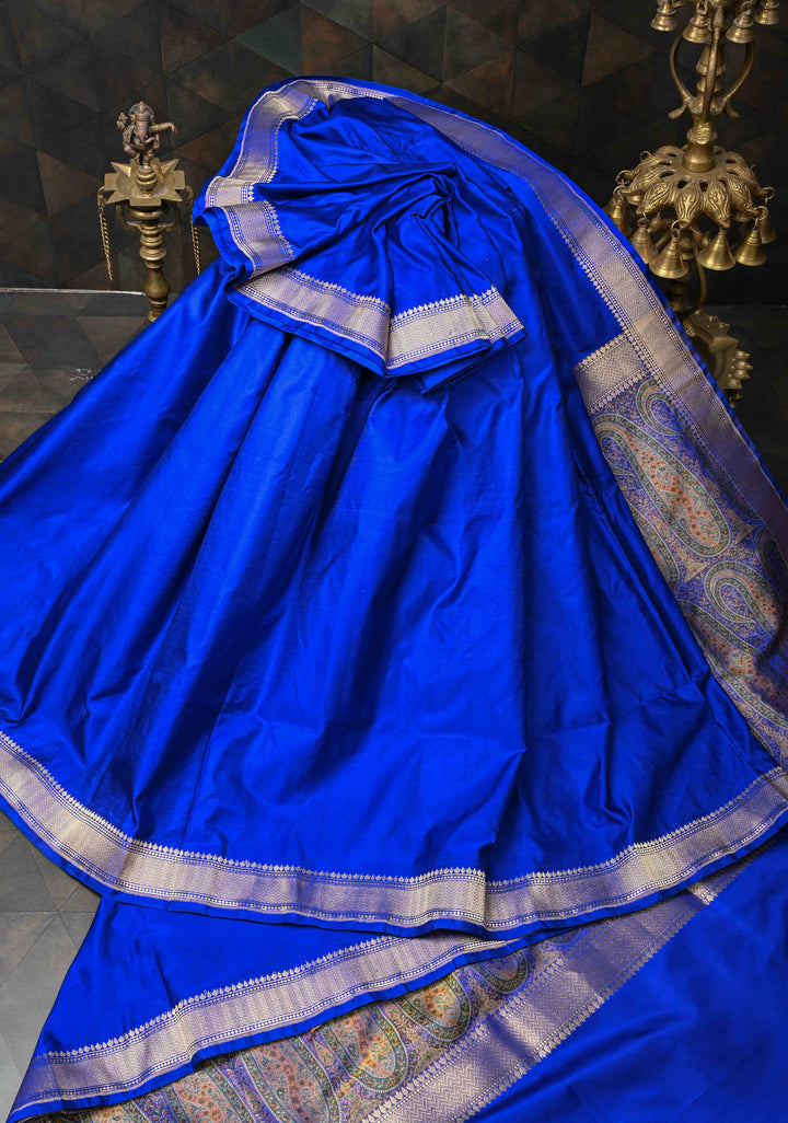 Royal blue Banarasi Satin Silk Saree with Paisley Tanchoi On Pallu | SILK MARK CERTIFIED