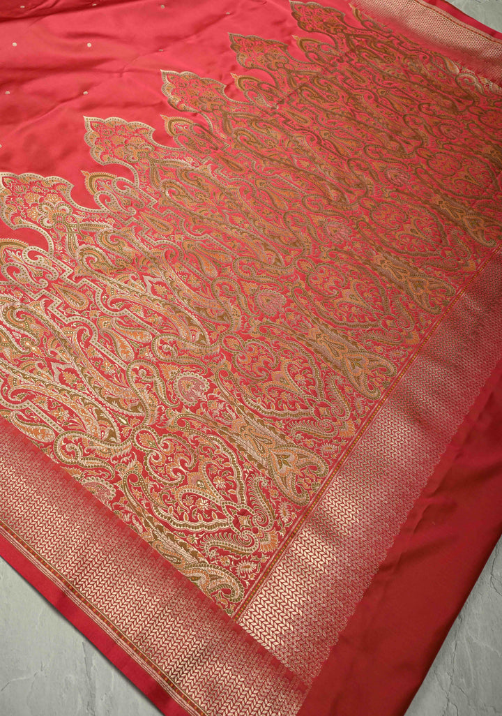 Pink-Red Dual Tone Banarasi Semi Mashru Silk Saree with  Zari Buttis and Tanchoi Pallu