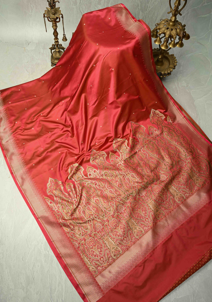 Pink-Red Dual Tone Banarasi Semi Mashru Silk Saree with  Zari Buttis and Tanchoi Pallu