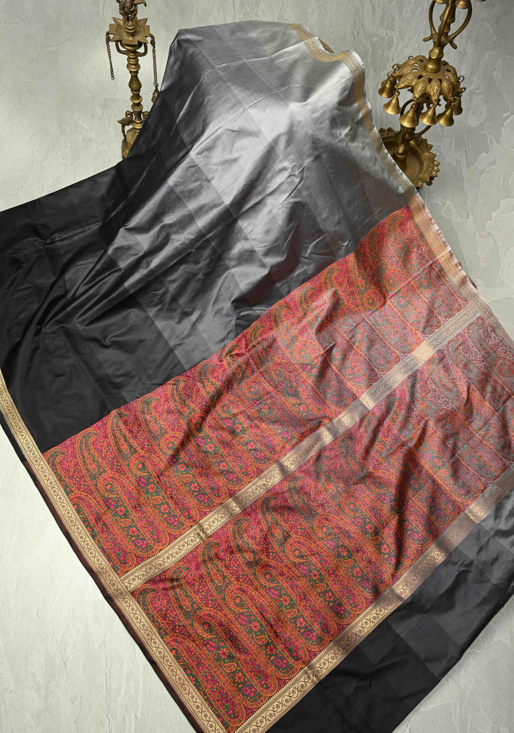 14 color Black-Gray Ombre Gradient Mashru Silk Saree with Tanchoi Pallu and Blouse | SILK MARK CERTIFIED