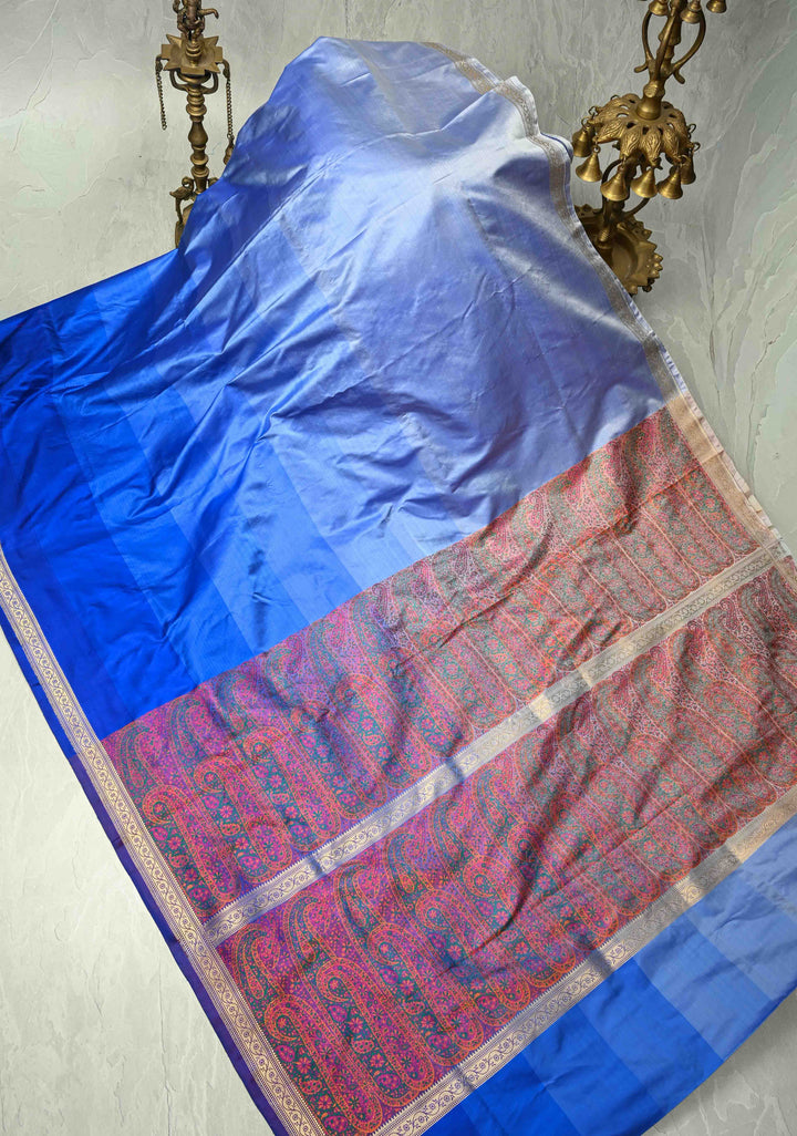 Shades of Blue Ombre Gradient Mashru Silk Saree with Tanchoi Jamawar Pallu and Blouse | SILK MARK CERTIFIED