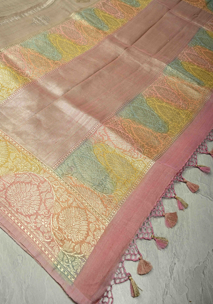 Beige Gold Silver Stripes on Banarasi Tussar Georgette Saree with Floral Buttas and  Brush Dye Zari Border | SILK MARK CERTIFIED