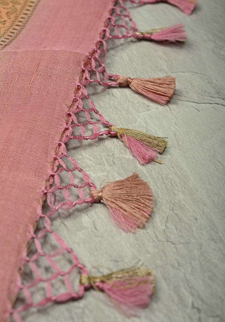 Beige Gold Silver Stripes on Banarasi Tussar Georgette Saree with Floral Buttas and  Brush Dye Zari Border | SILK MARK CERTIFIED