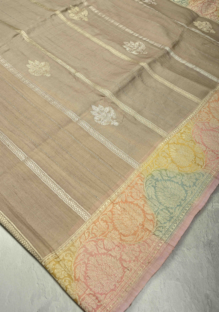 Beige Gold Silver Stripes on Banarasi Tussar Georgette Saree with Floral Buttas and  Brush Dye Zari Border | SILK MARK CERTIFIED
