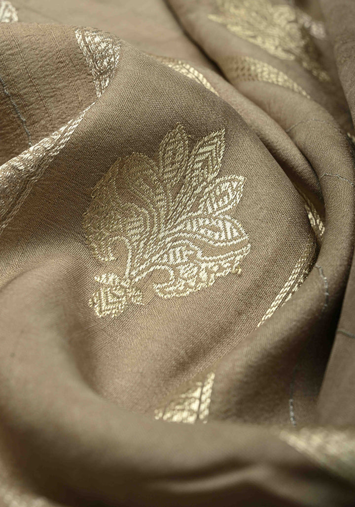 Beige Gold Silver Stripes on Banarasi Tussar Georgette Saree with Floral Buttas and  Brush Dye Zari Border | SILK MARK CERTIFIED