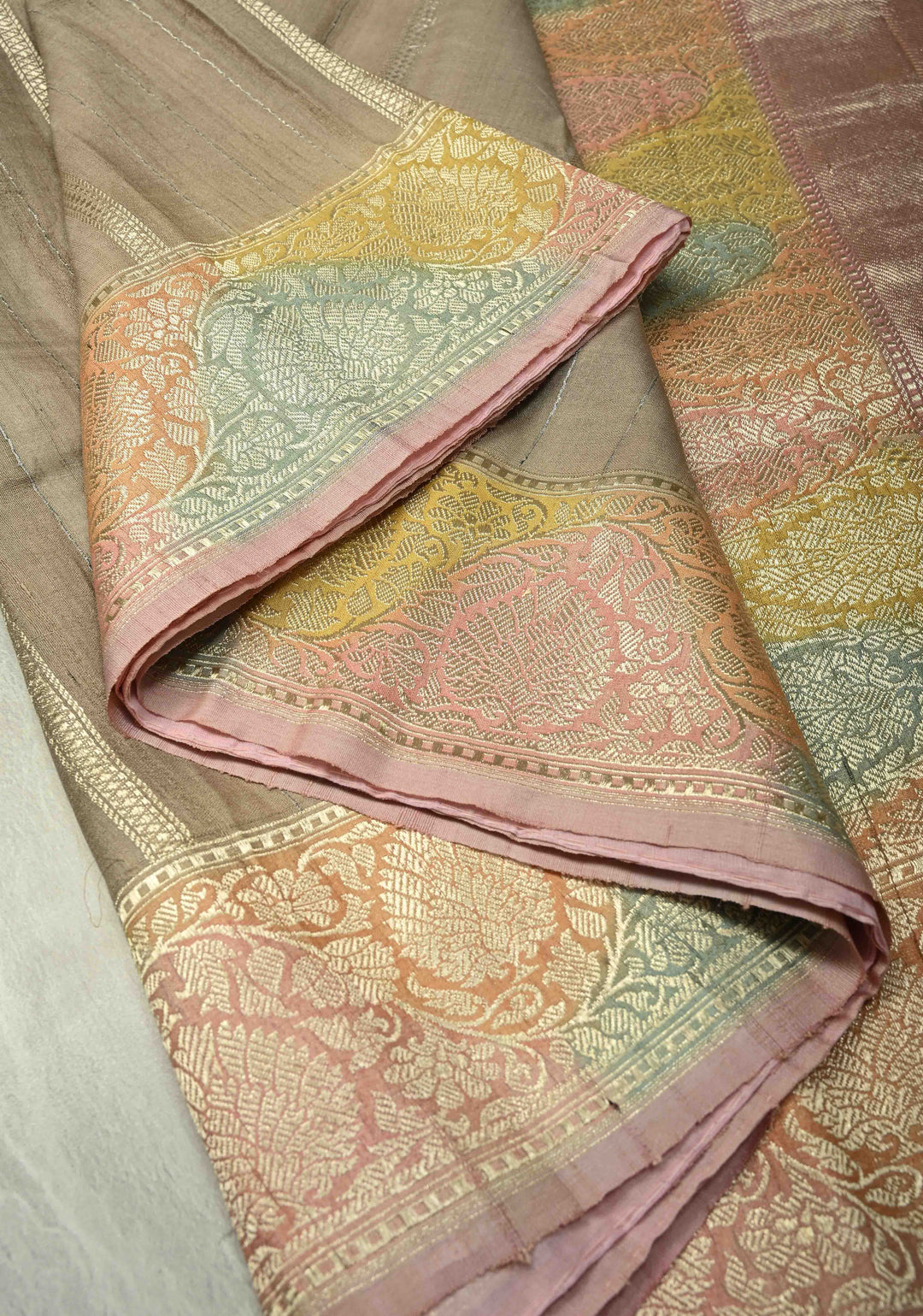 Beige Gold Silver Stripes on Banarasi Tussar Georgette Saree with Floral Buttas and  Brush Dye Zari Border | SILK MARK CERTIFIED