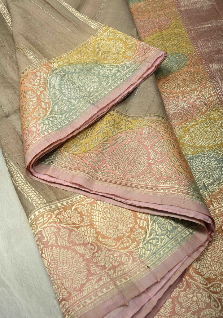 Beige Gold Silver Stripes on Banarasi Tussar Georgette Saree with Floral Buttas and  Brush Dye Zari Border | SILK MARK CERTIFIED