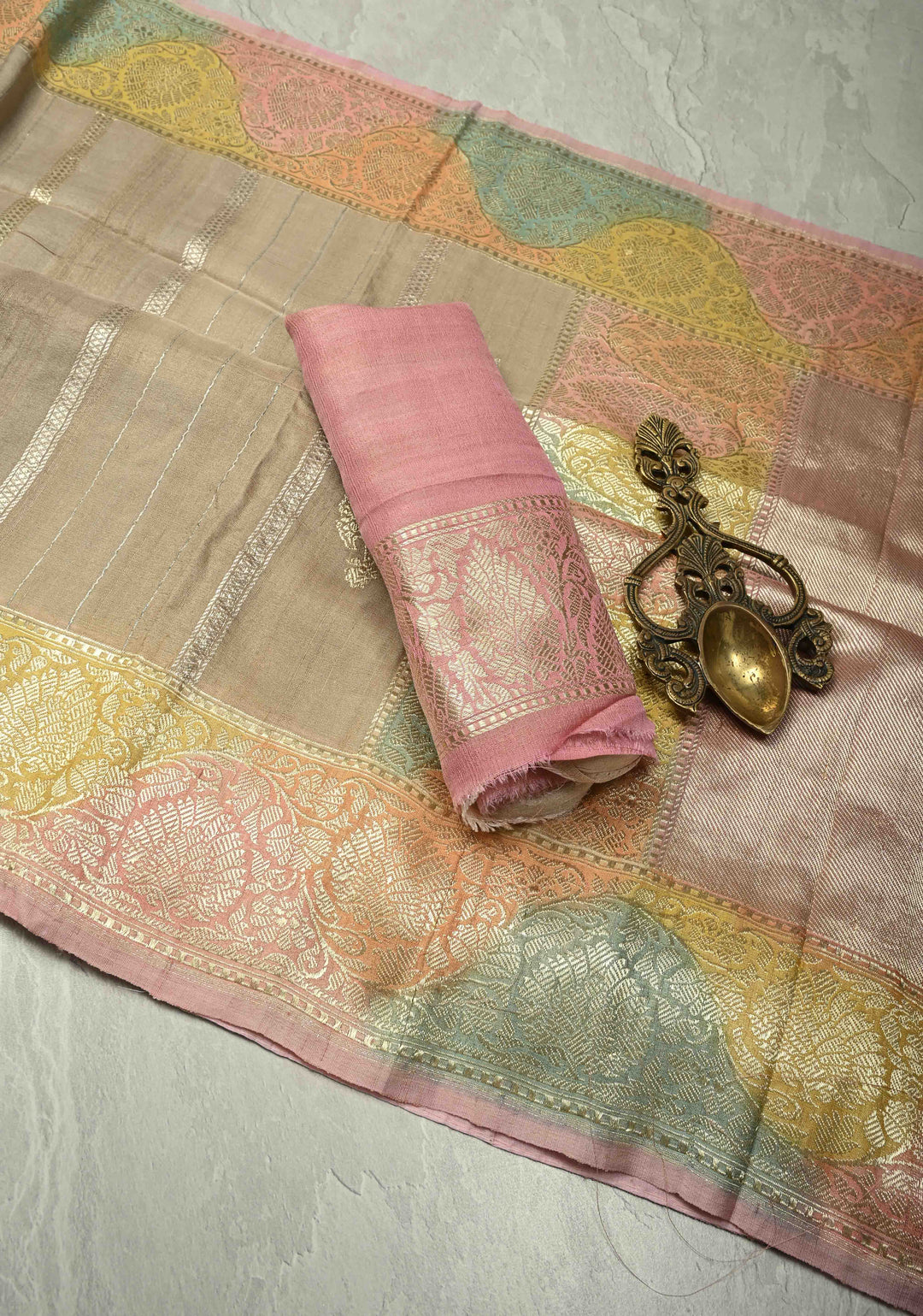 Beige Gold Silver Stripes on Banarasi Tussar Georgette Saree with Floral Buttas and  Brush Dye Zari Border | SILK MARK CERTIFIED