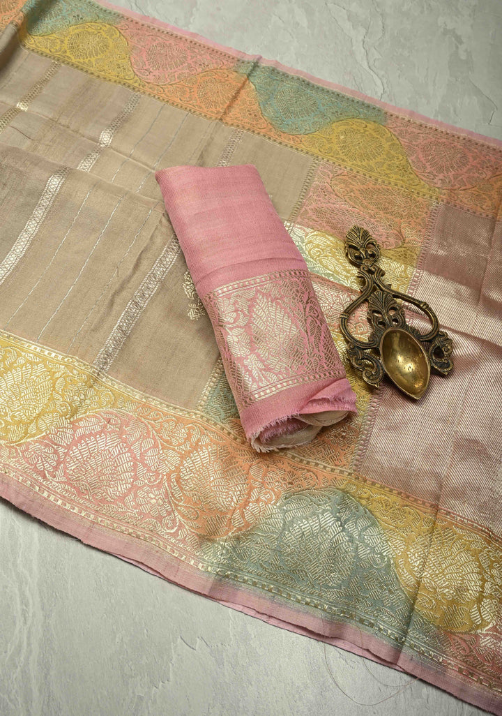 Beige Gold Silver Stripes on Banarasi Tussar Georgette Saree with Floral Buttas and  Brush Dye Zari Border | SILK MARK CERTIFIED
