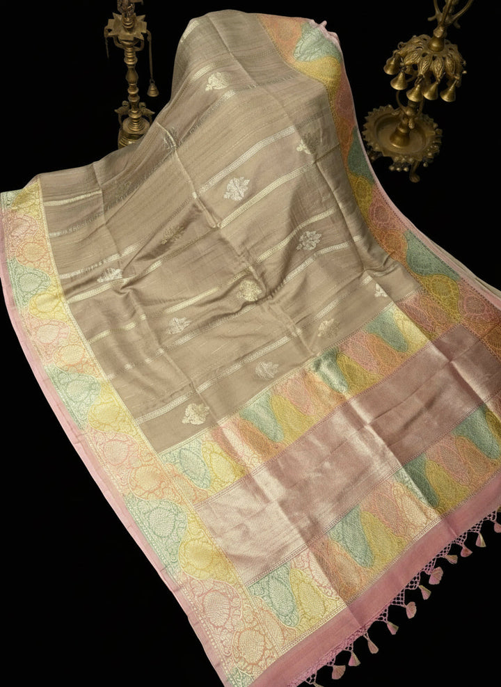 Beige Gold Silver Stripes on Banarasi Tussar Georgette Saree with Floral Buttas and  Brush Dye Zari Border | SILK MARK CERTIFIED