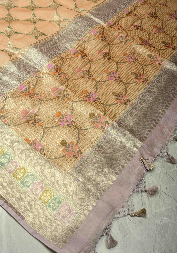 Peach Banarasi Kora Silk Saree with Meenakari Brocade Jaal, Hand Brush Dye and Zari Border | SILK MARK CERTIFIED