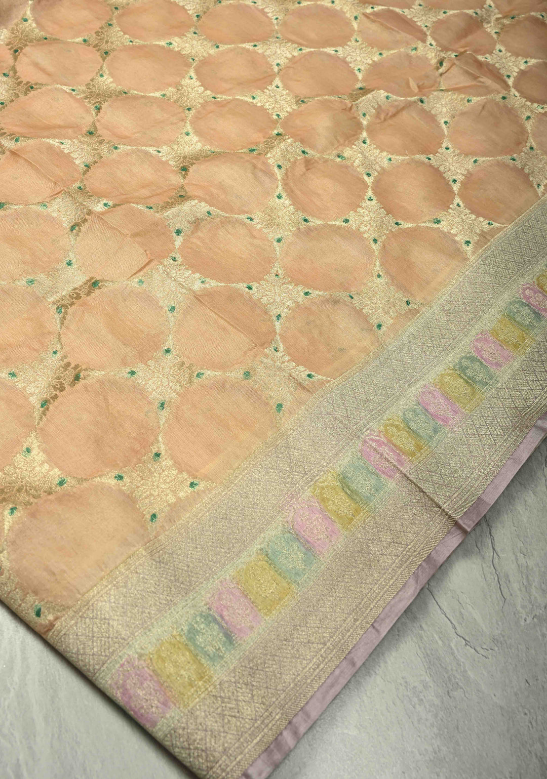 Peach Banarasi Kora Silk Saree with Meenakari Brocade Jaal, Hand Brush Dye and Zari Border | SILK MARK CERTIFIED