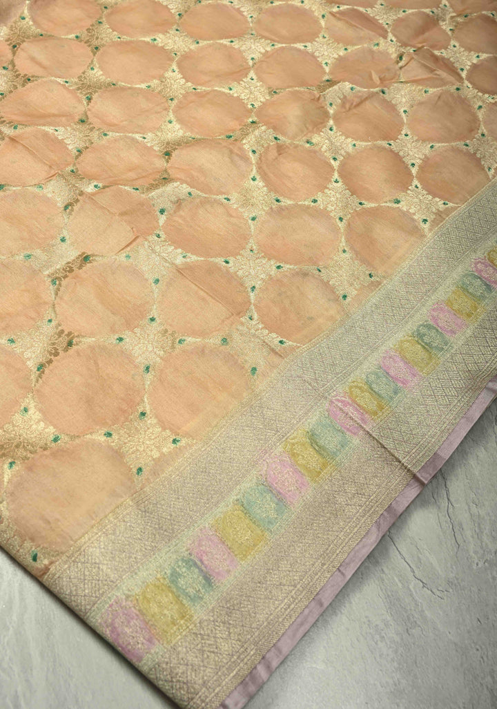 Peach Banarasi Kora Silk Saree with Meenakari Brocade Jaal, Hand Brush Dye and Zari Border | SILK MARK CERTIFIED