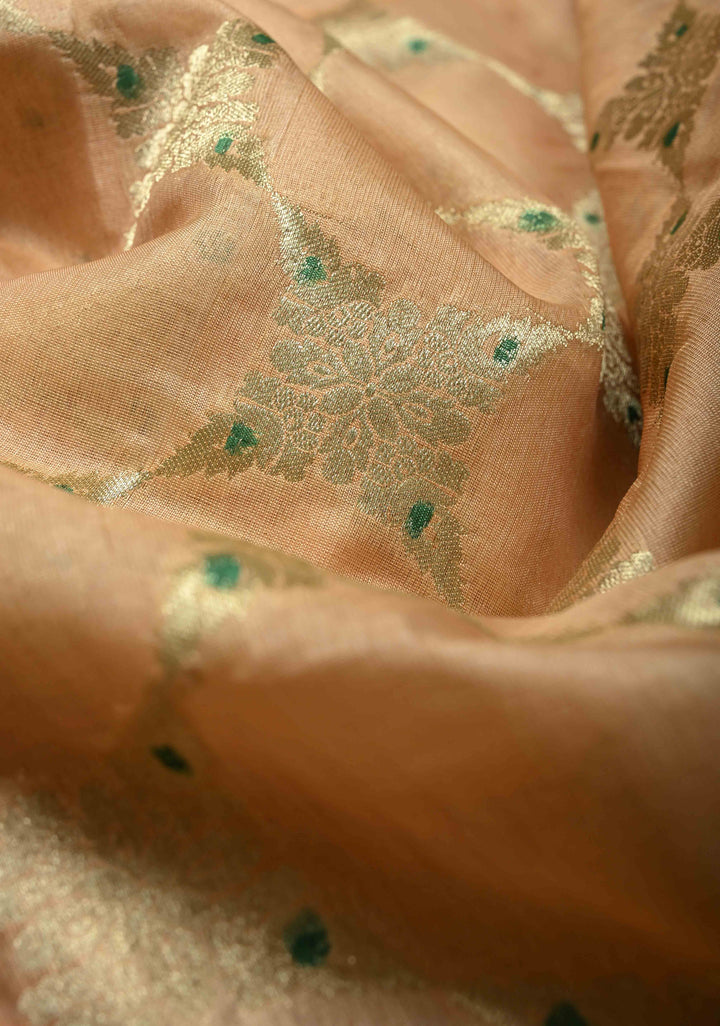 Peach Banarasi Kora Silk Saree with Meenakari Brocade Jaal, Hand Brush Dye and Zari Border | SILK MARK CERTIFIED