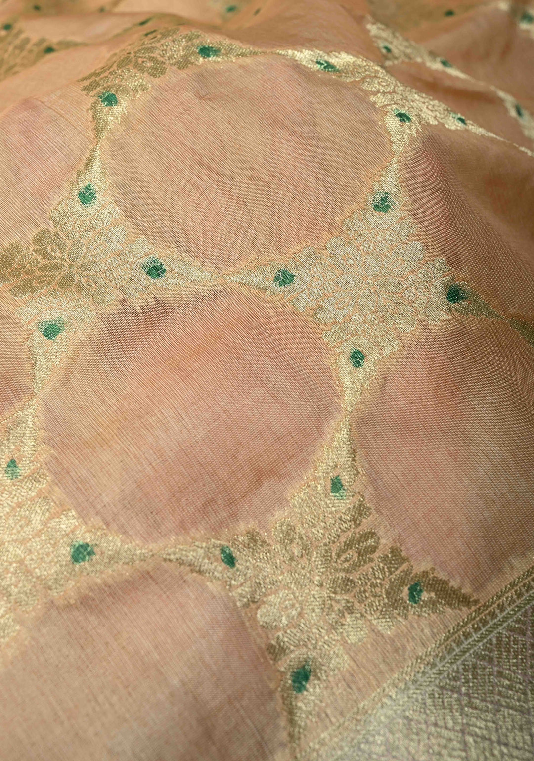 Peach Banarasi Kora Silk Saree with Meenakari Brocade Jaal, Hand Brush Dye and Zari Border | SILK MARK CERTIFIED