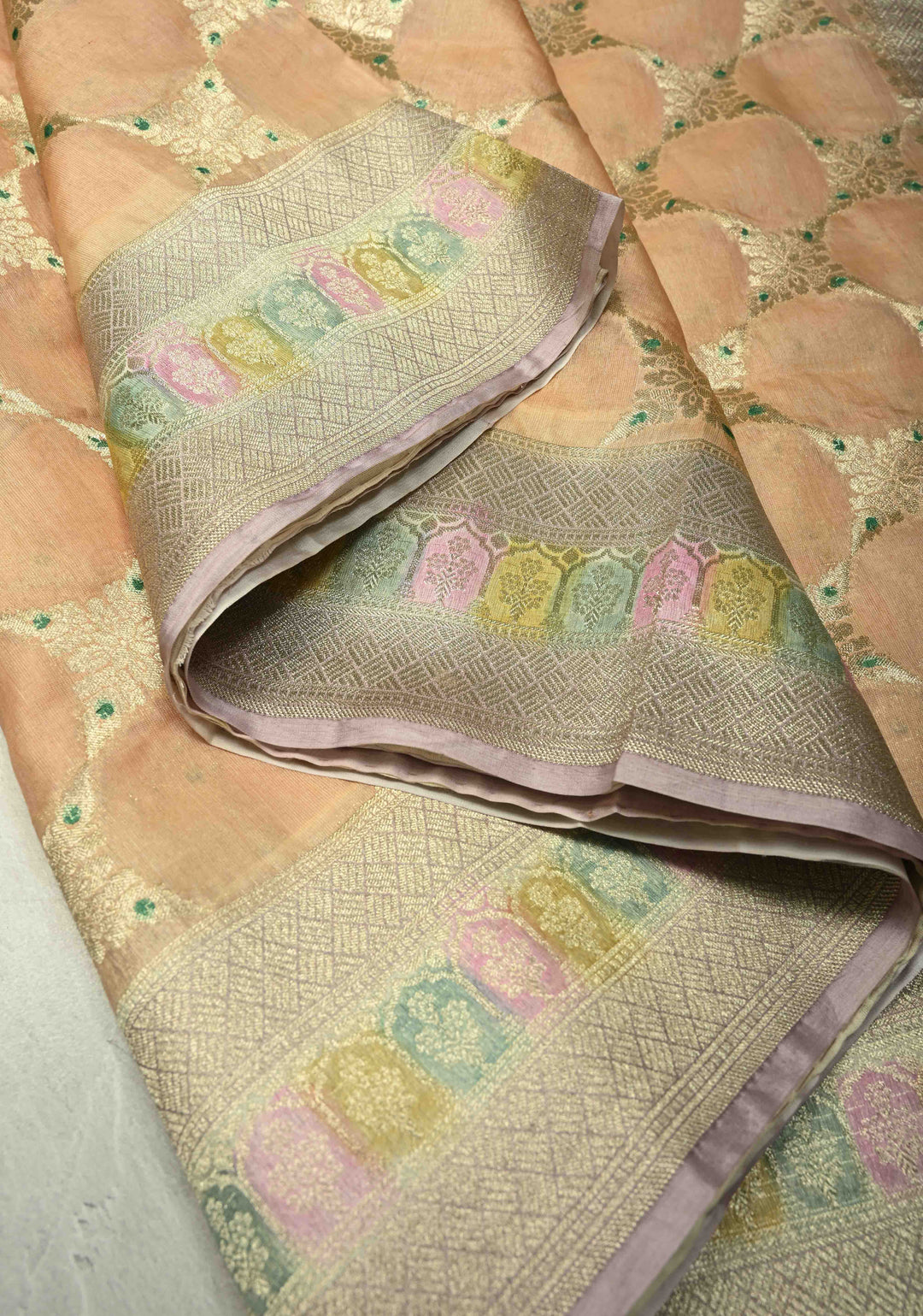 Peach Banarasi Kora Silk Saree with Meenakari Brocade Jaal, Hand Brush Dye and Zari Border | SILK MARK CERTIFIED