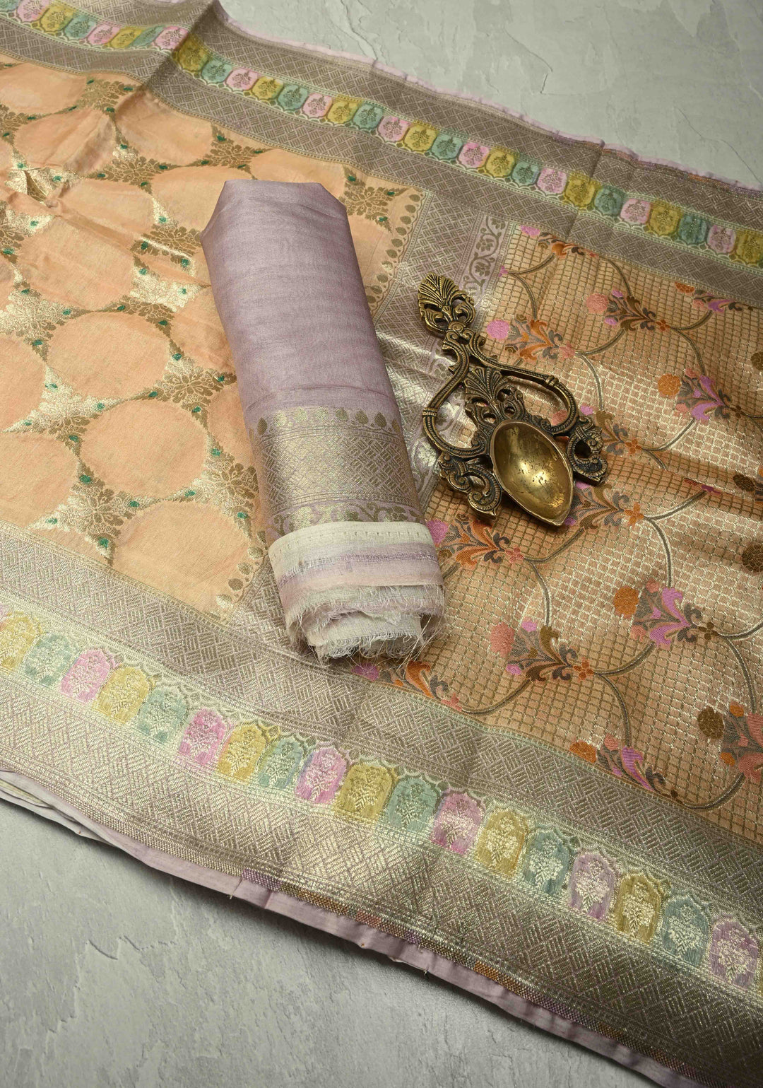 Peach Banarasi Kora Silk Saree with Meenakari Brocade Jaal, Hand Brush Dye and Zari Border | SILK MARK CERTIFIED