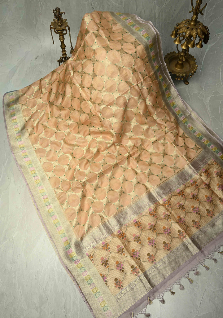Peach Banarasi Kora Silk Saree with Meenakari Brocade Jaal, Hand Brush Dye and Zari Border | SILK MARK CERTIFIED