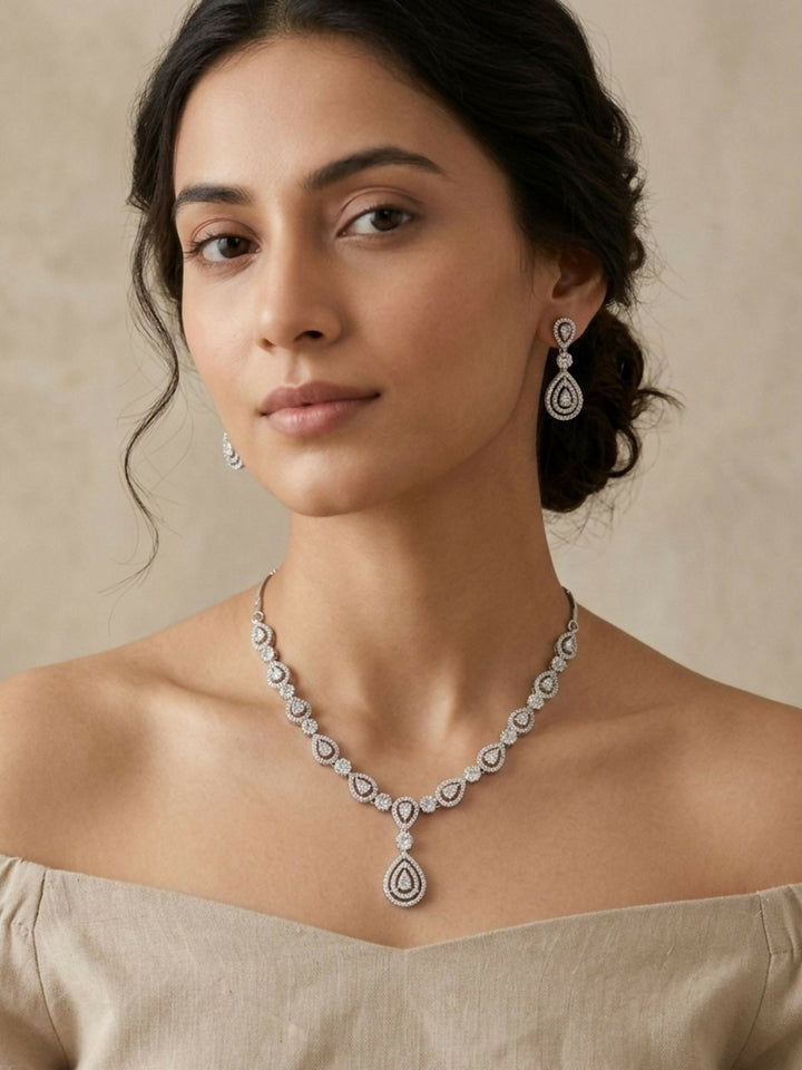 Classic Silver Plated American Diamond Necklace Set | SHOBITAM
