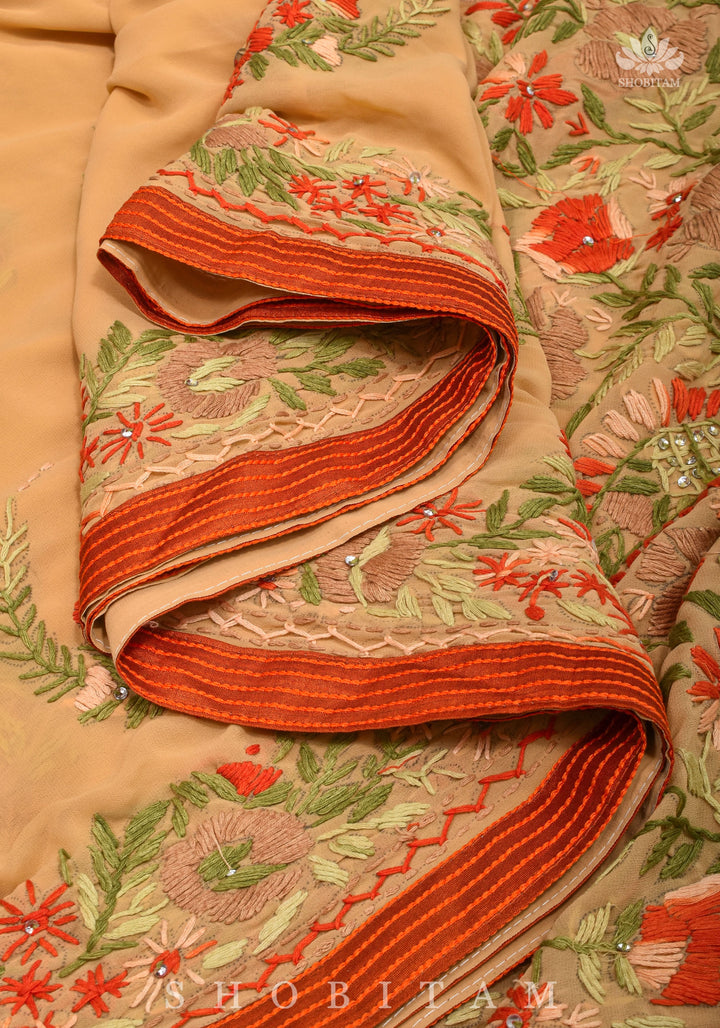 Phulkari Hand Embroidery in shades of dark beige georgette