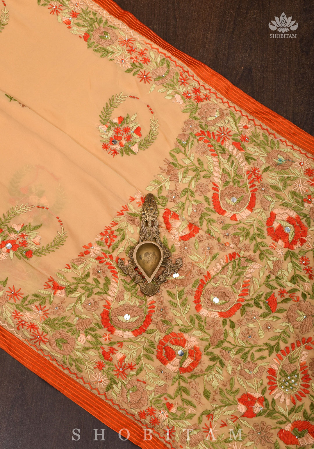Phulkari Hand Embroidery in shades of dark beige georgette