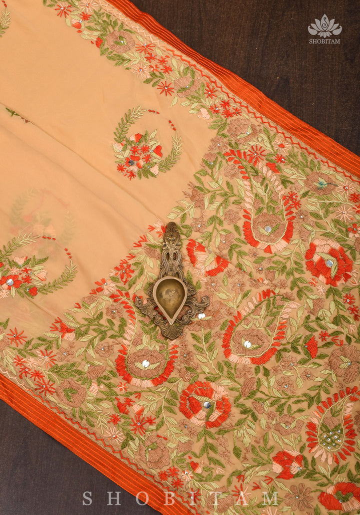 Phulkari Hand Embroidery in shades of dark beige georgette