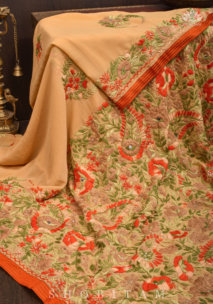 Phulkari Hand Embroidery in shades of dark beige georgette