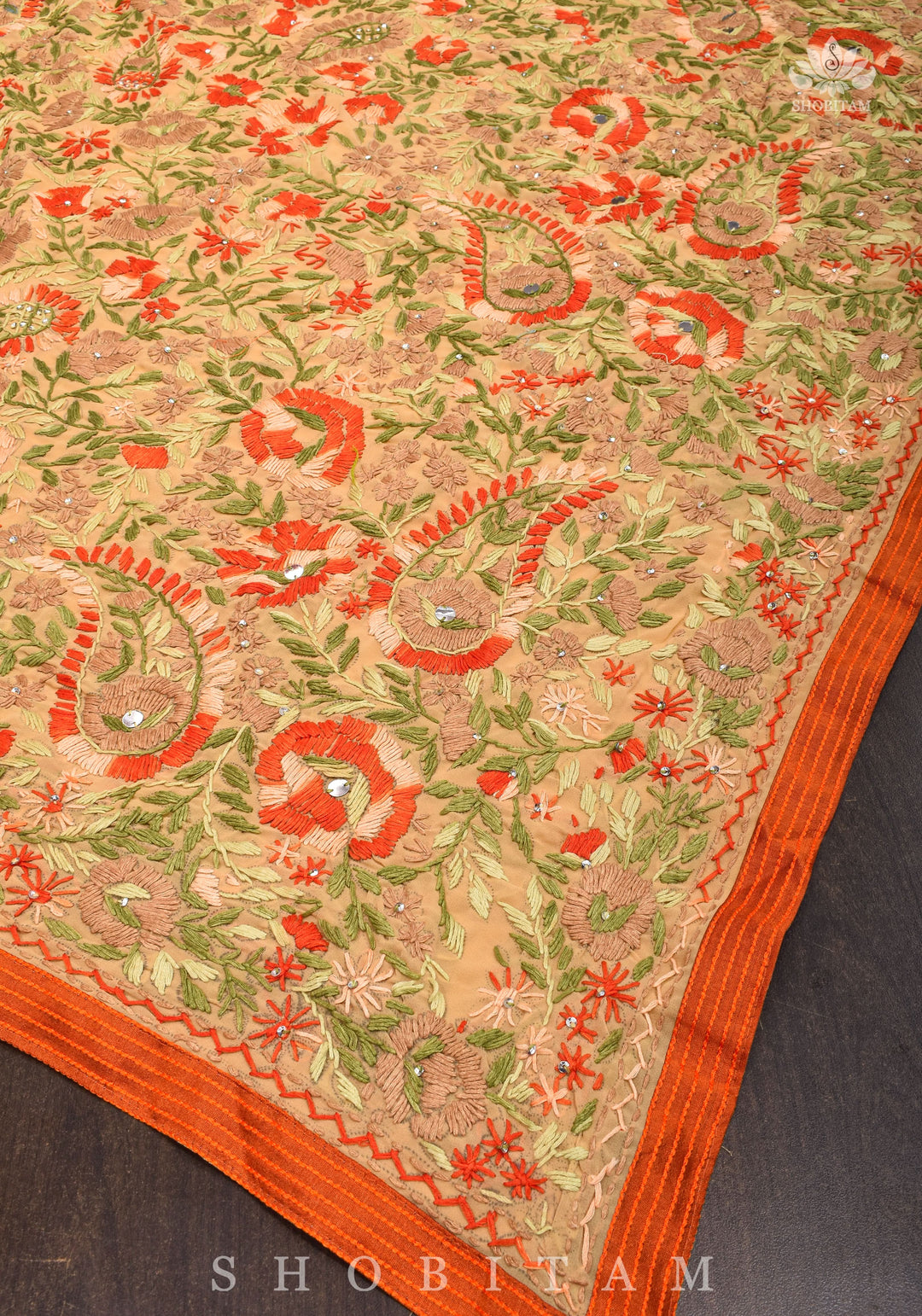 Phulkari Hand Embroidery in shades of dark beige georgette