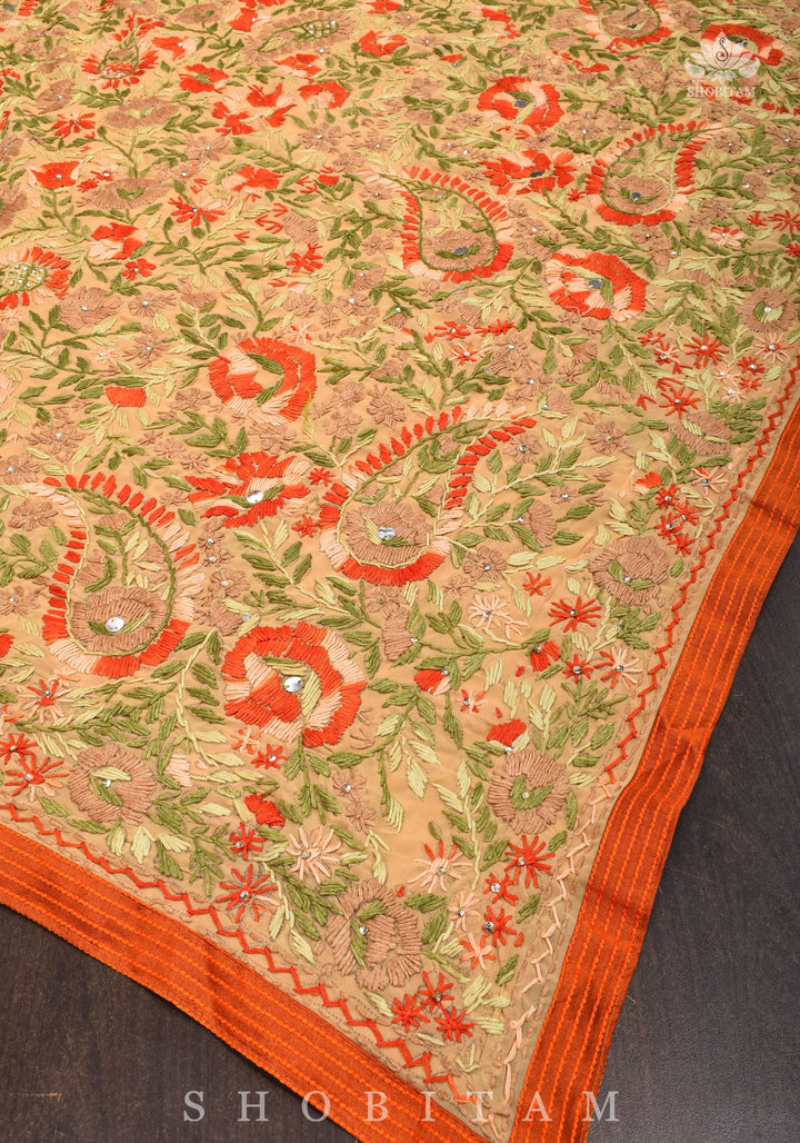 Phulkari Hand Embroidery in shades of dark beige georgette