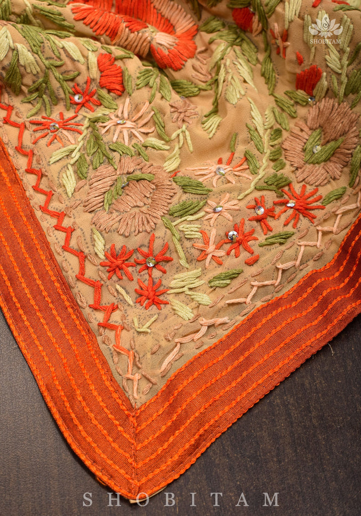 Phulkari Hand Embroidery in shades of dark beige georgette