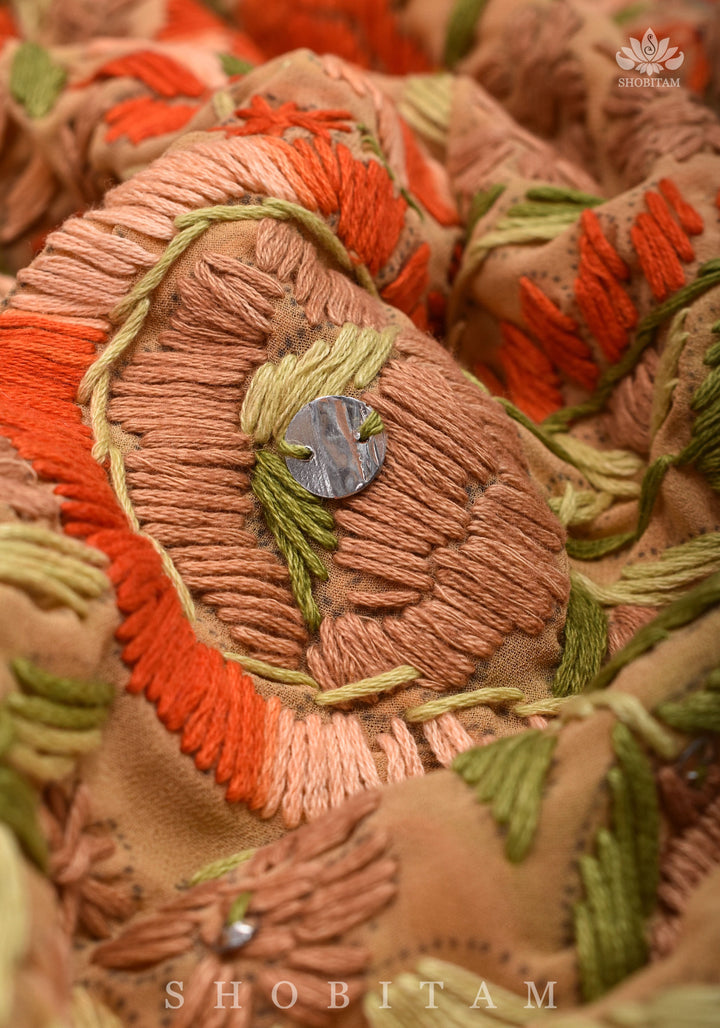 Phulkari Hand Embroidery in shades of dark beige georgette