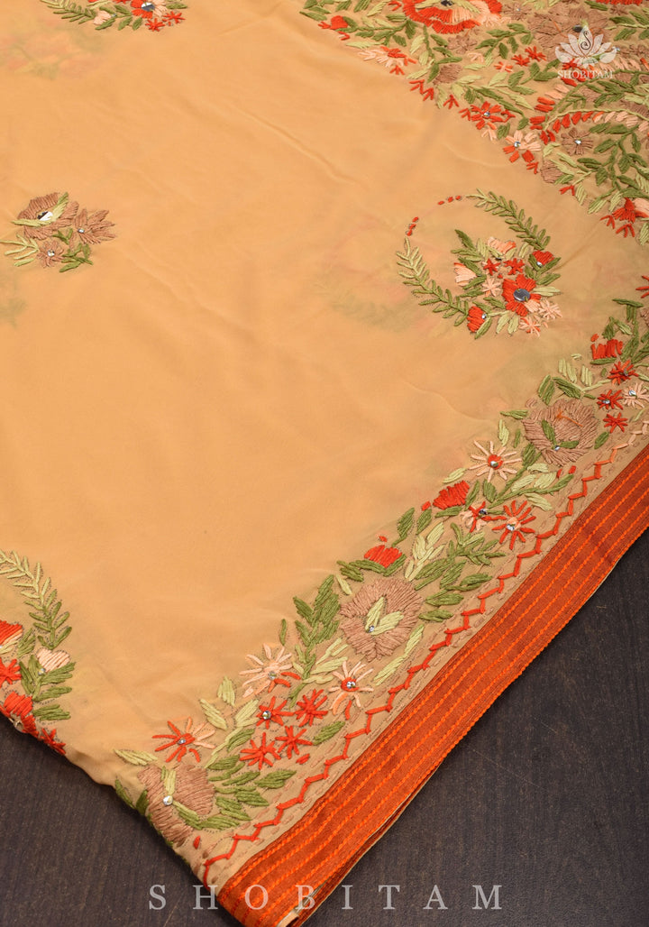 Phulkari Hand Embroidery in shades of dark beige georgette
