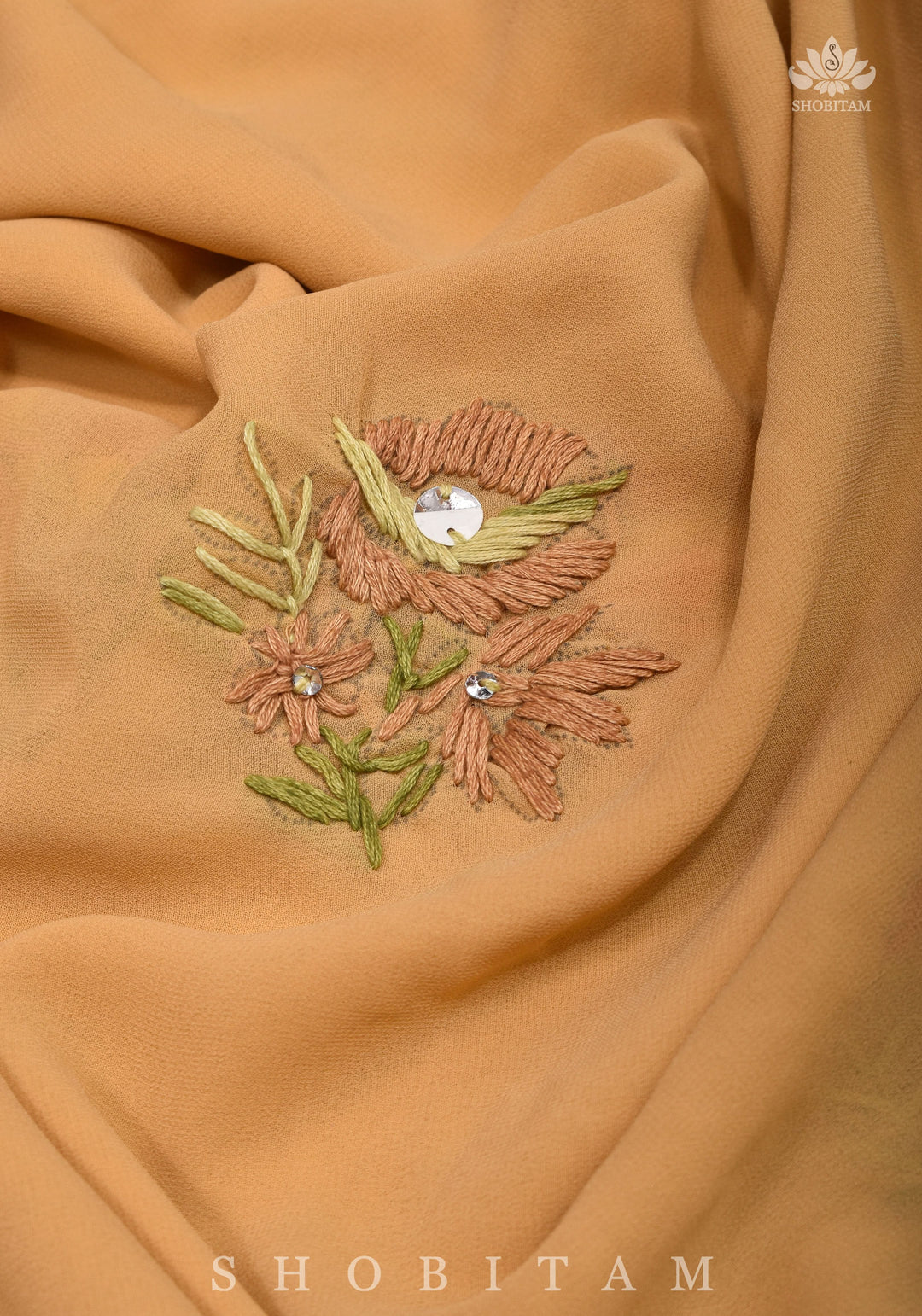 Phulkari Hand Embroidery in shades of dark beige georgette