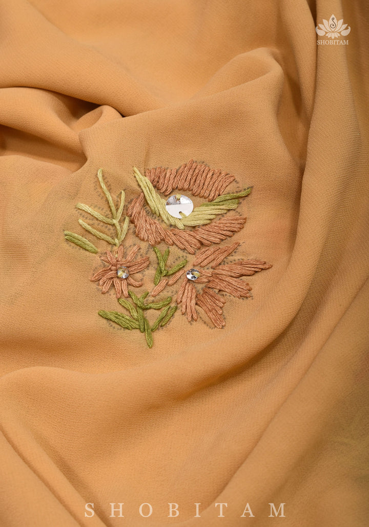 Phulkari Hand Embroidery in shades of dark beige georgette