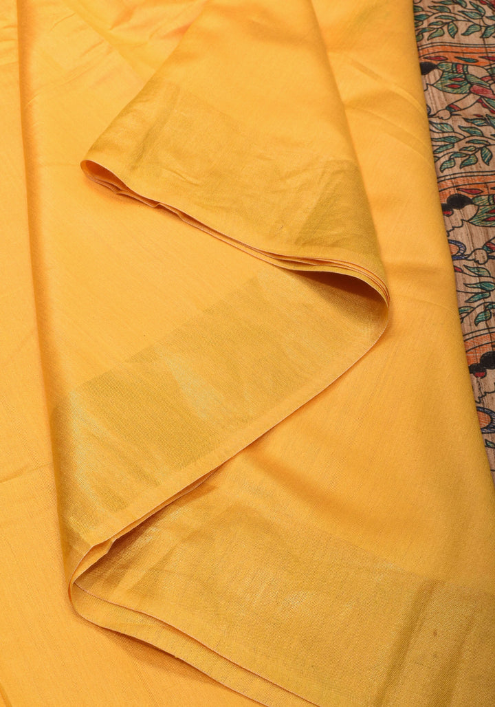 Sulphur Yellow Semi Tussar Silk, adorned with a Madhubani Gecha Tussar Pallu and Zari Border.