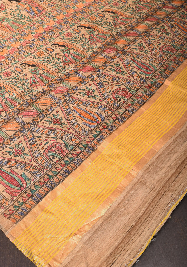 Sulphur Yellow Semi Tussar Silk, adorned with a Madhubani Gecha Tussar Pallu and Zari Border.