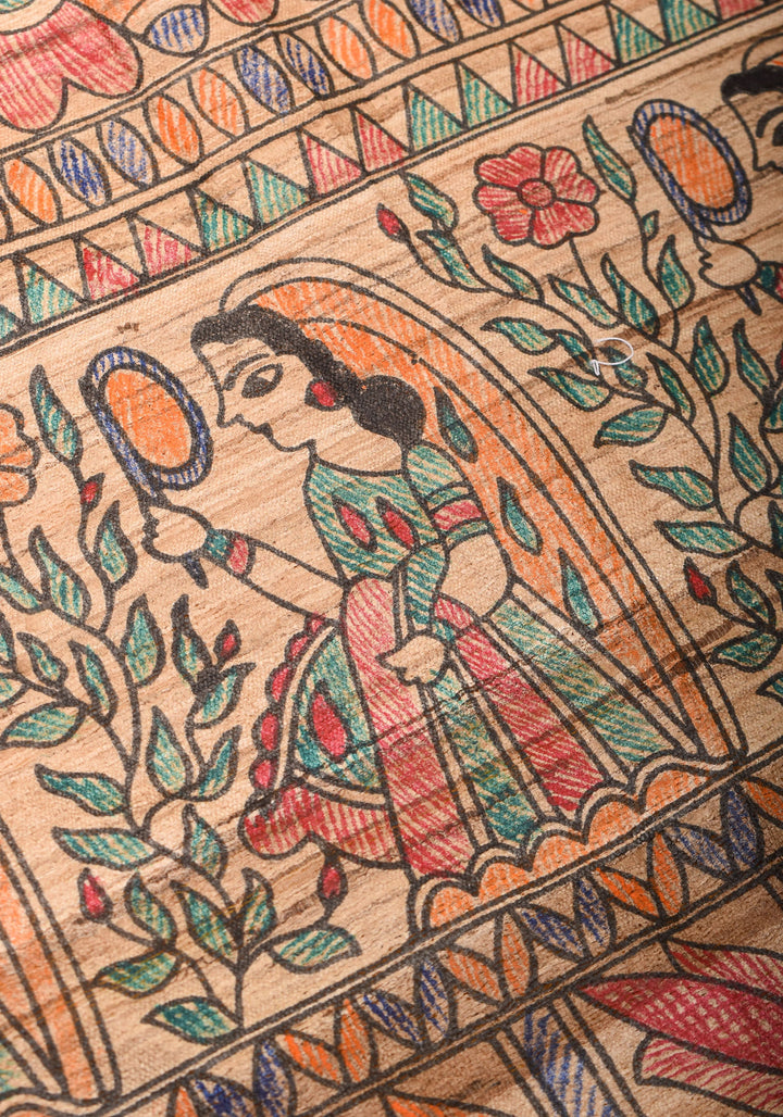Sulphur Yellow Semi Tussar Silk, adorned with a Madhubani Gecha Tussar Pallu and Zari Border.