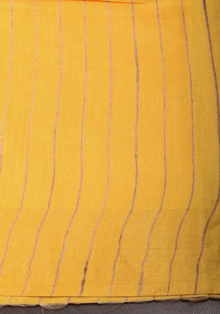 Sulphur Yellow Semi Tussar Silk, adorned with a Madhubani Gecha Tussar Pallu and Zari Border.
