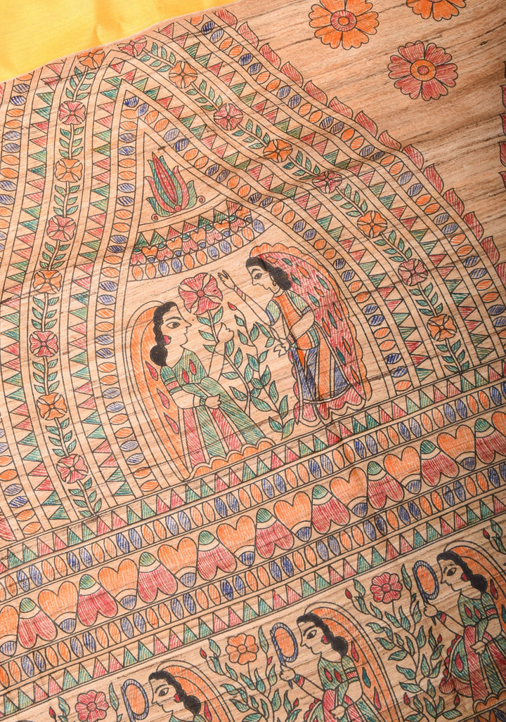 Sulphur Yellow Semi Tussar Silk, adorned with a Madhubani Gecha Tussar Pallu and Zari Border.