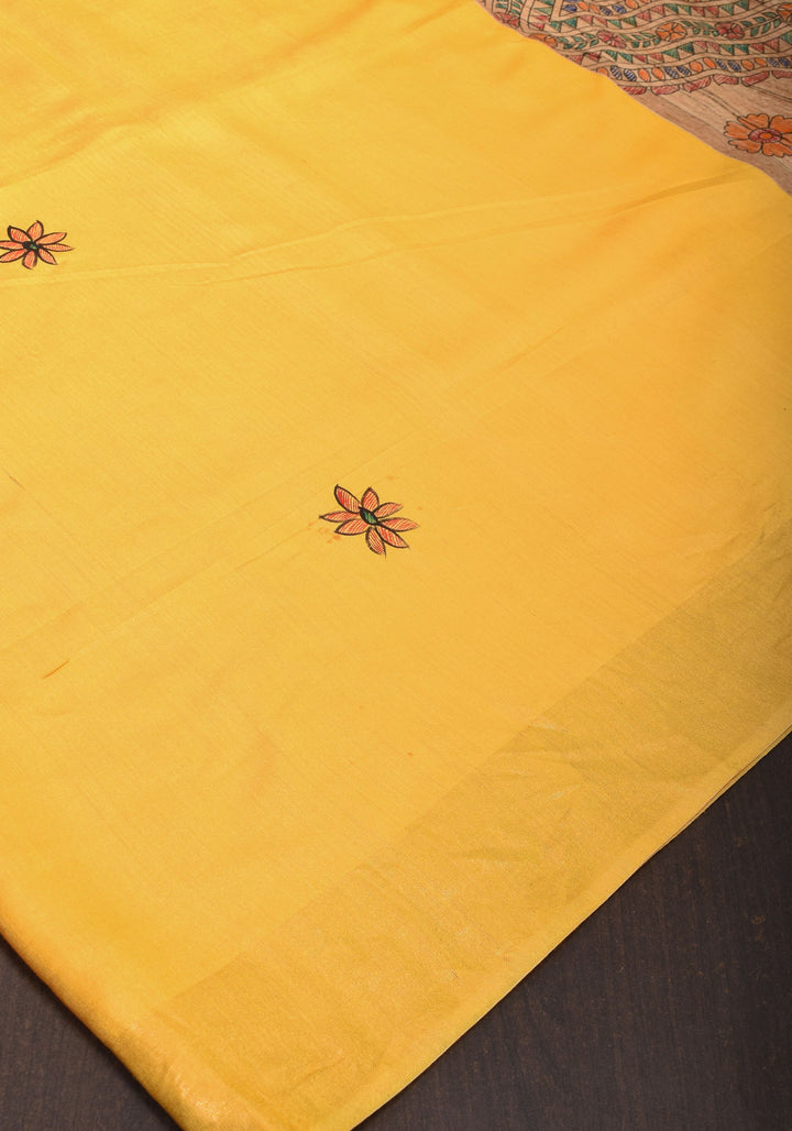 Sulphur Yellow Semi Tussar Silk, adorned with a Madhubani Gecha Tussar Pallu and Zari Border.