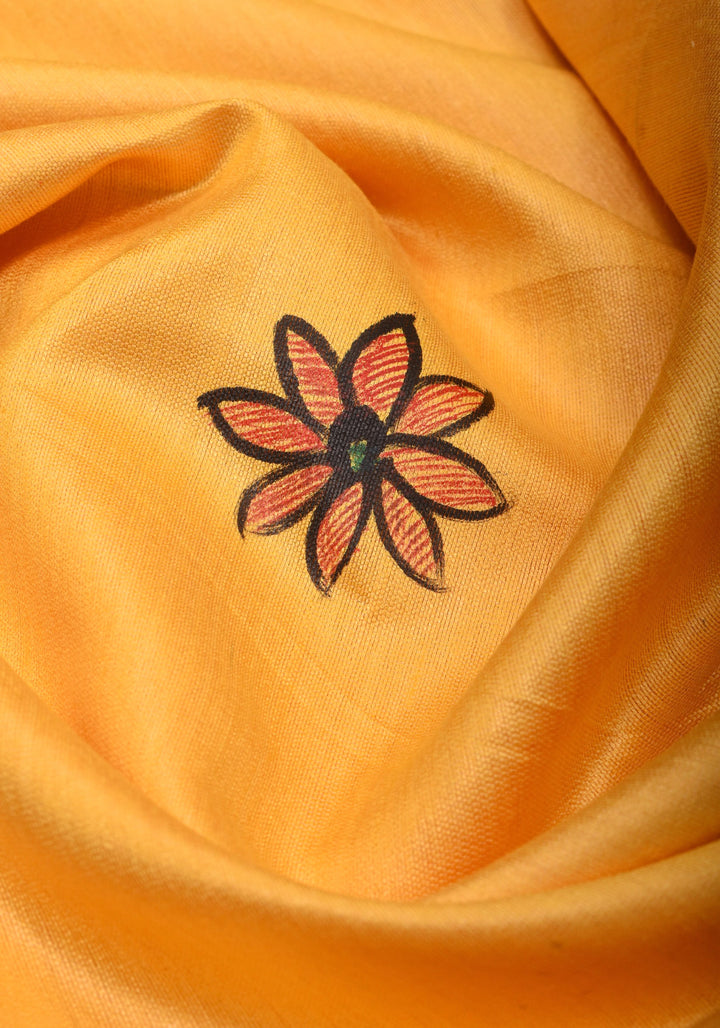 Sulphur Yellow Semi Tussar Silk, adorned with a Madhubani Gecha Tussar Pallu and Zari Border.