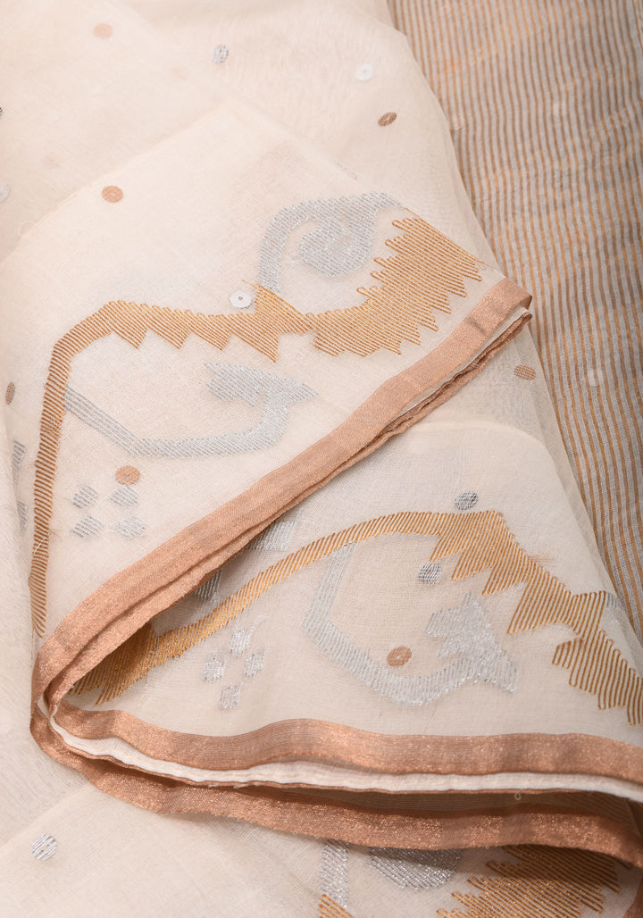Exquisite Off White Sona Rupa Zari Jamdani with Pocket Sequins on Muslin Saree | SILK MARK CERTIFIED
