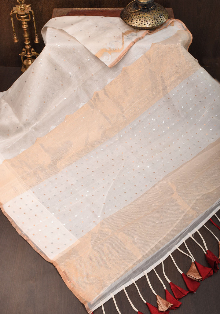 Exquisite Off White Sona Rupa Zari Jamdani with Pocket Sequins on Muslin Saree | SILK MARK CERTIFIED