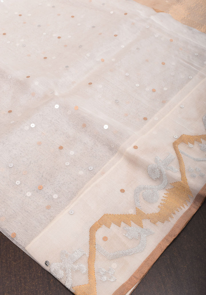 Exquisite Off White Sona Rupa Zari Jamdani with Pocket Sequins on Muslin Saree | SILK MARK CERTIFIED