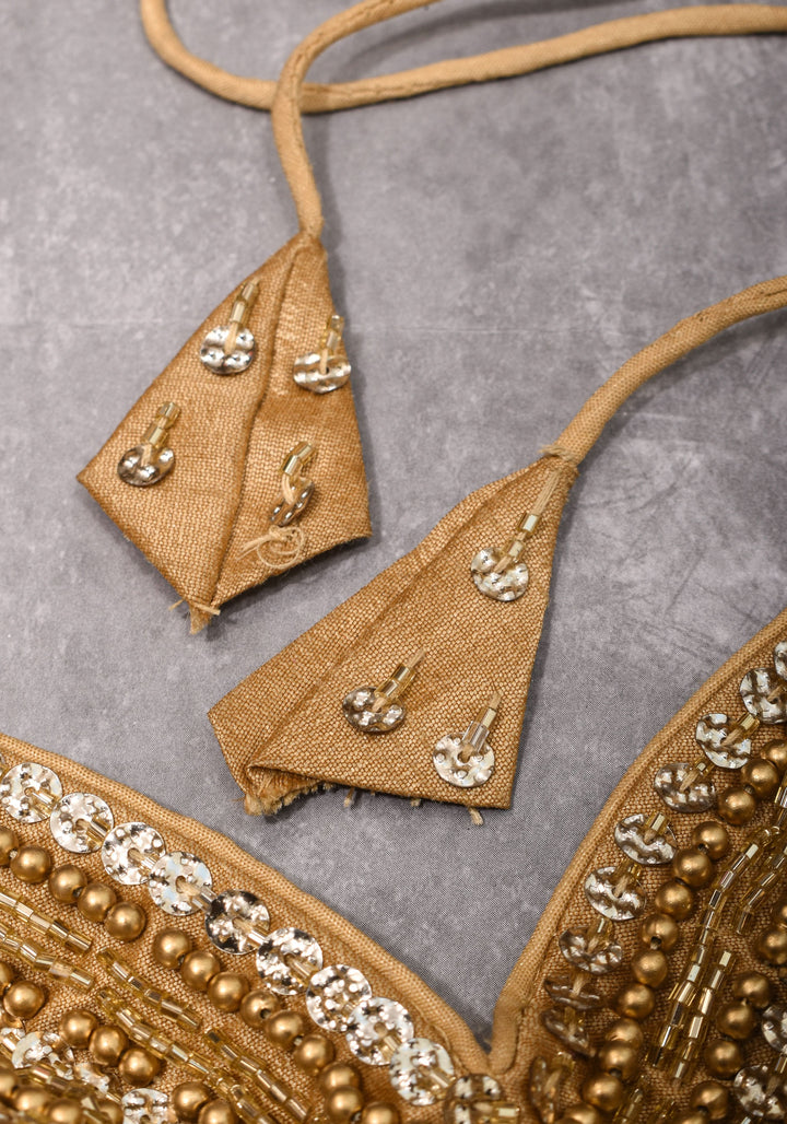 Moti Jadau Blouse with Gold translucent beads, Leaf neck with Sleeveless Blouse, Made to Order